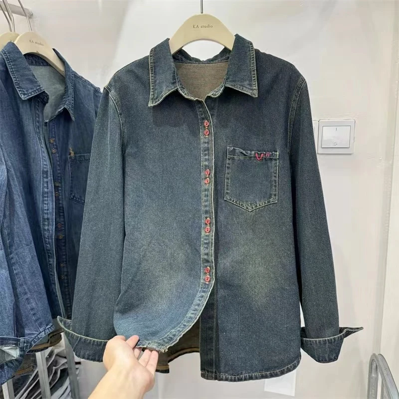2024长袖衬衫牛仔蓝色百搭休闲水洗安克拉衬衣