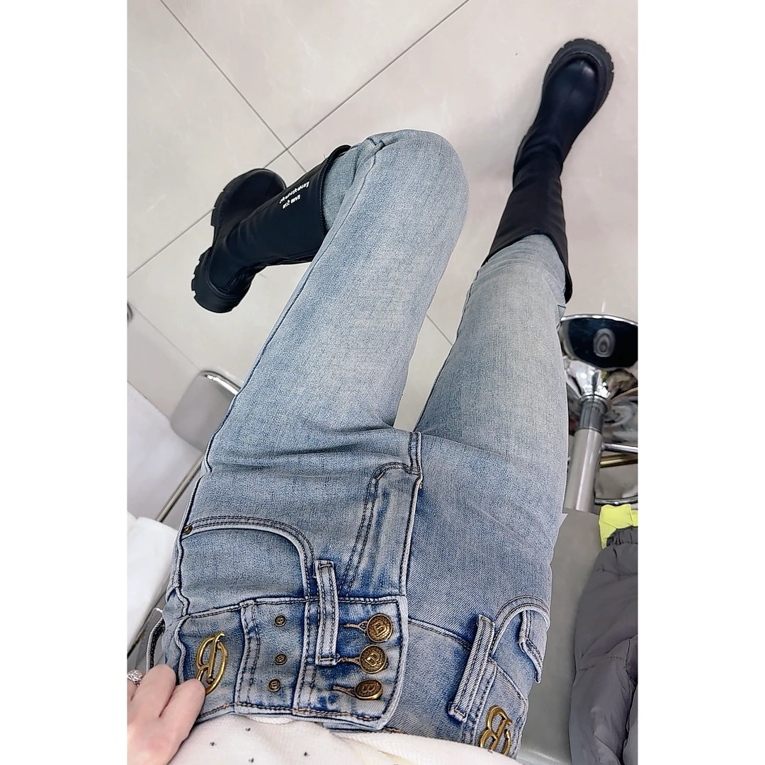 9083高腰双B字母小脚牛仔裤（加绒）