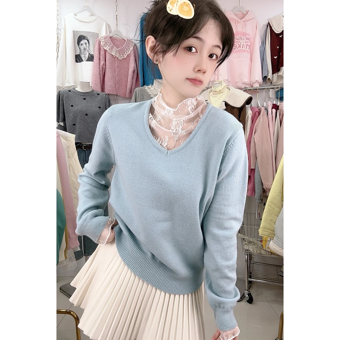 1115蕾丝领宽松打底毛衣