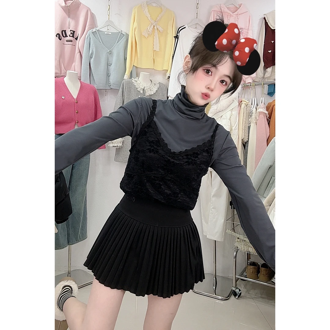 24815堆堆领蕾丝真两件套打底衫（磨毛）