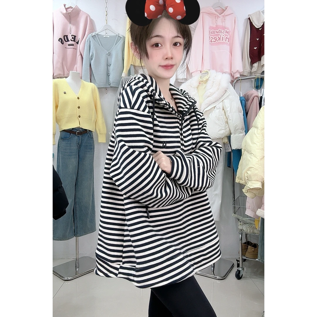 8033慵懒风减龄条纹卫衣外套（加绒厚款）