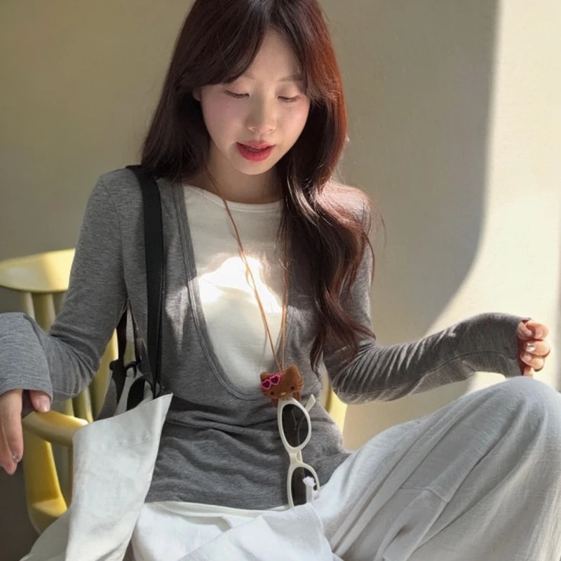 美式设计感假两件圆领长袖T恤女早秋显瘦慵懒小众甜辣打底上衣潮