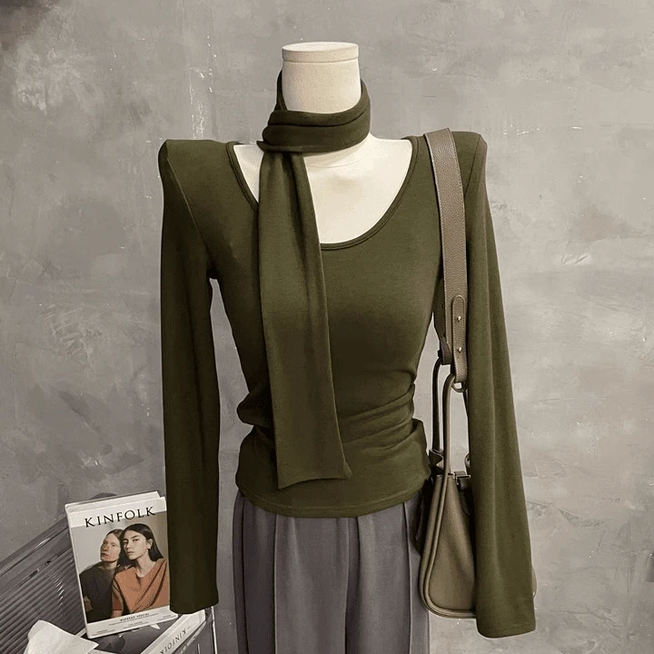 韩女气质~围巾飘带垫肩长袖T恤女性感修身U领纯色打底衫上衣秋新