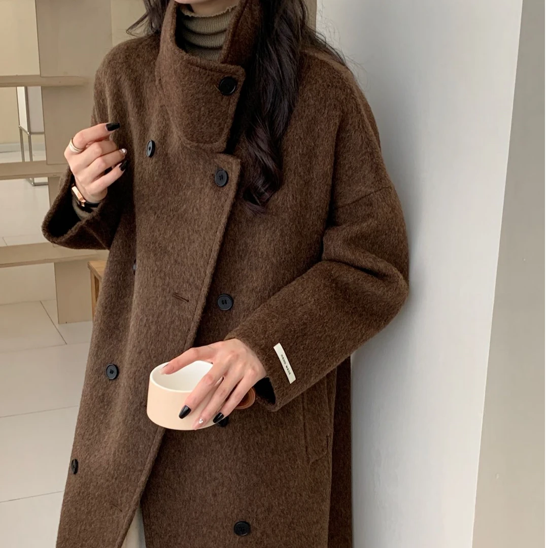 韩国东大门新款高级感立领双排扣双面羊毛大衣宽松毛呢外套女24冬