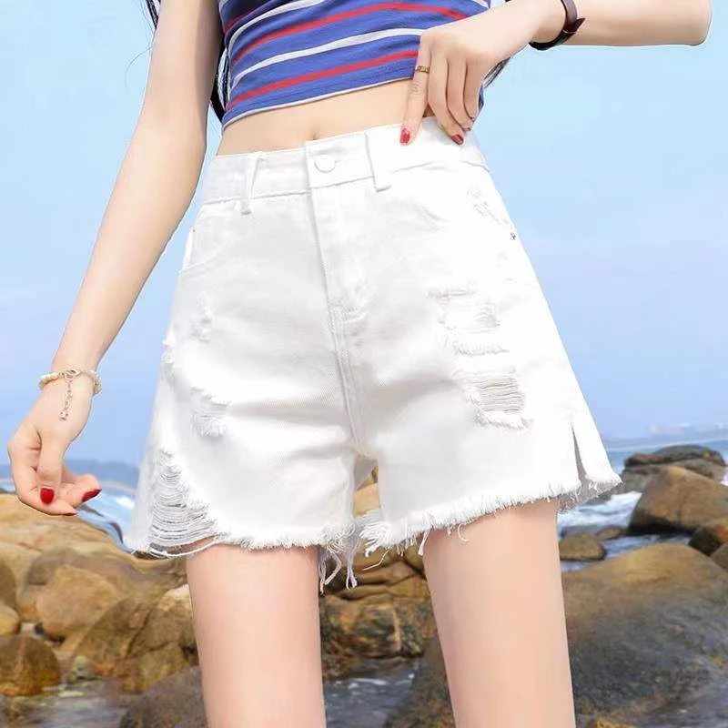 白色牛仔短裤高腰夏季a字大码短裤显瘦百搭女透气舒适阔腿热裤潮