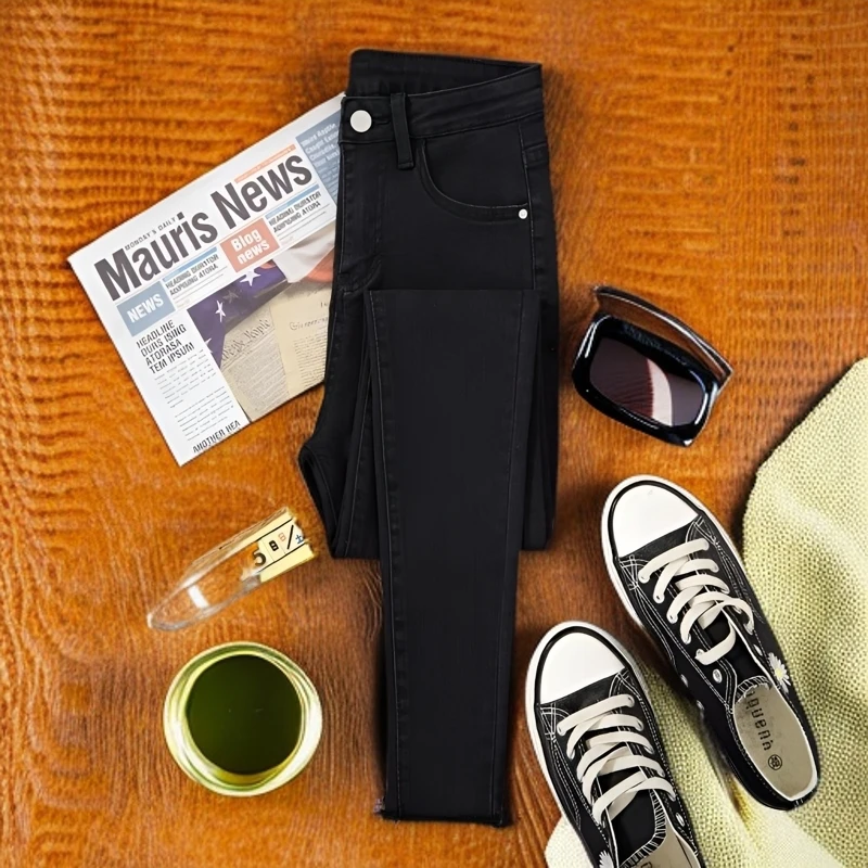 黑色铅笔牛仔裤女款加厚2025秋冬加绒高腰显瘦紧身百搭弹力小脚裤