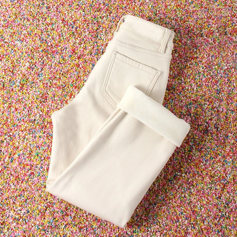 米白色牛仔裤女加厚2025秋冬加绒休闲高腰显瘦窄版九分直筒烟管裤