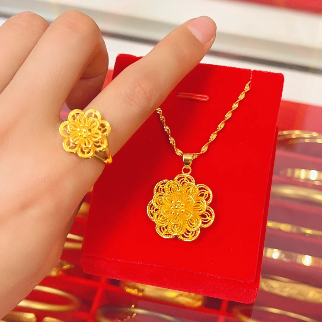 母亲节礼物 精品花开富贵吊坠项链加戒指套装