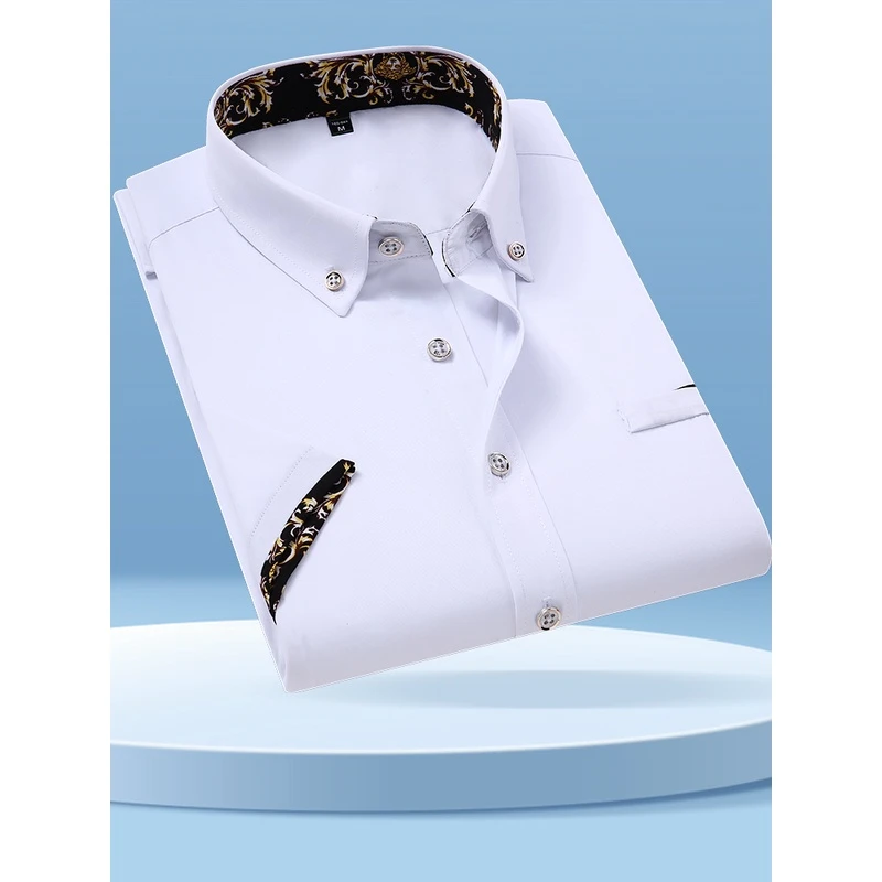 白色衬衫男短袖夏季薄款耐脏领衣服村子潮流韩版修身半袖花衬衣土