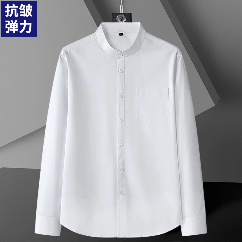 小立领衬衫男长袖抗皱弹力光滑冰丝春秋季村子圆领无领中式衬衣土
