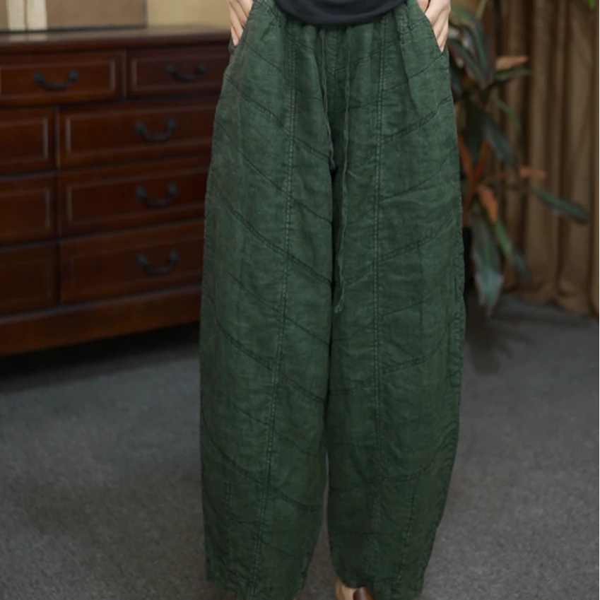 【夏布与麻】2024新款F6347亚麻炒色做旧纯色夹棉斜纹九分裤