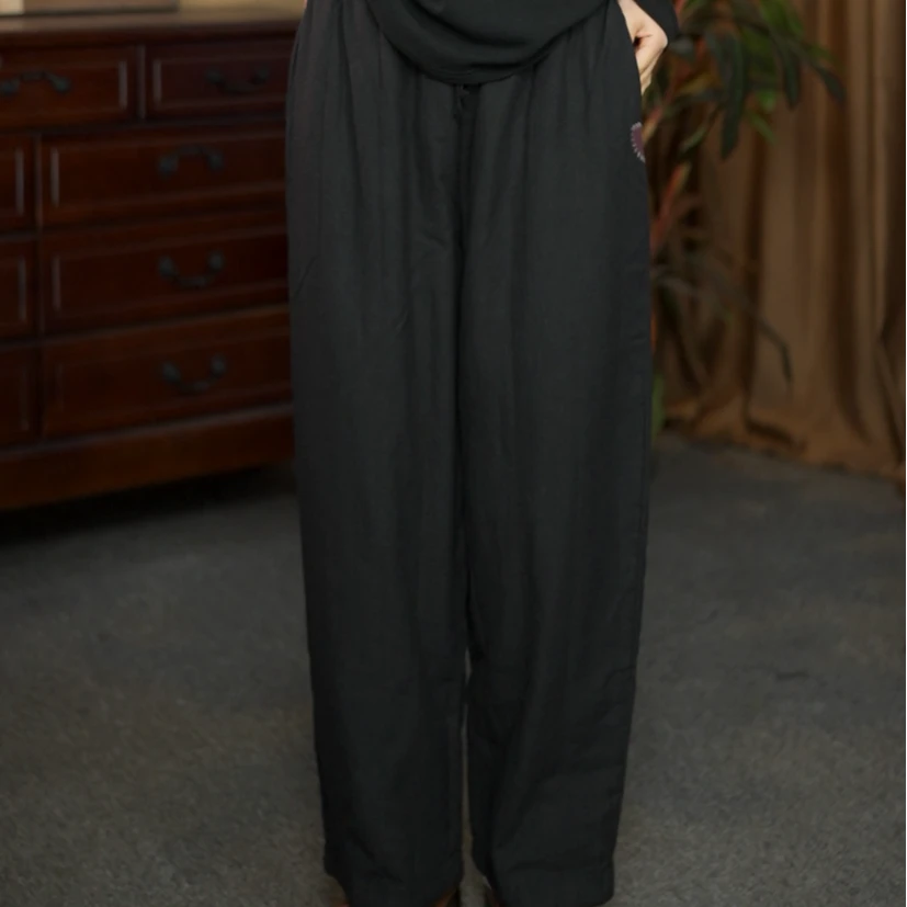 【夏布与麻】冬季新款17528亚麻夹棉长款简约风时尚小补丁长裤棉裤