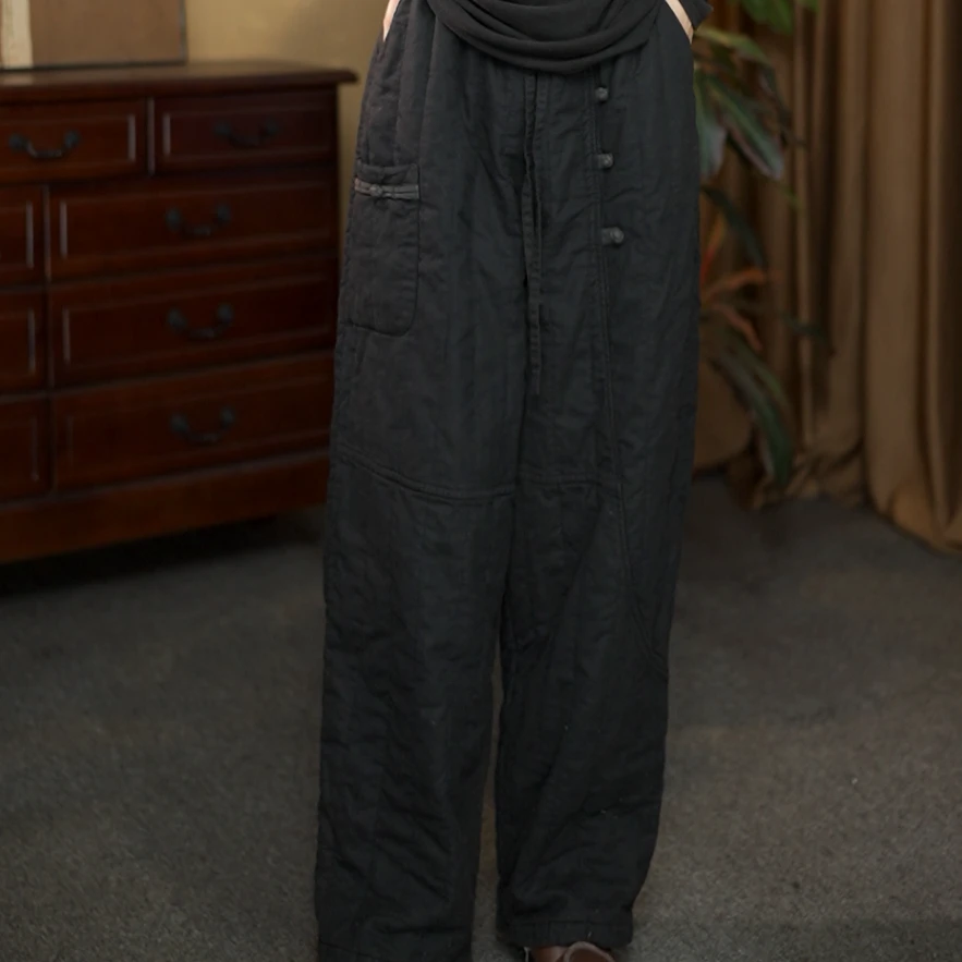 【夏布与麻】新款99263亚麻炒色做旧竖条纹装饰扣夹棉萝卜裤长裤