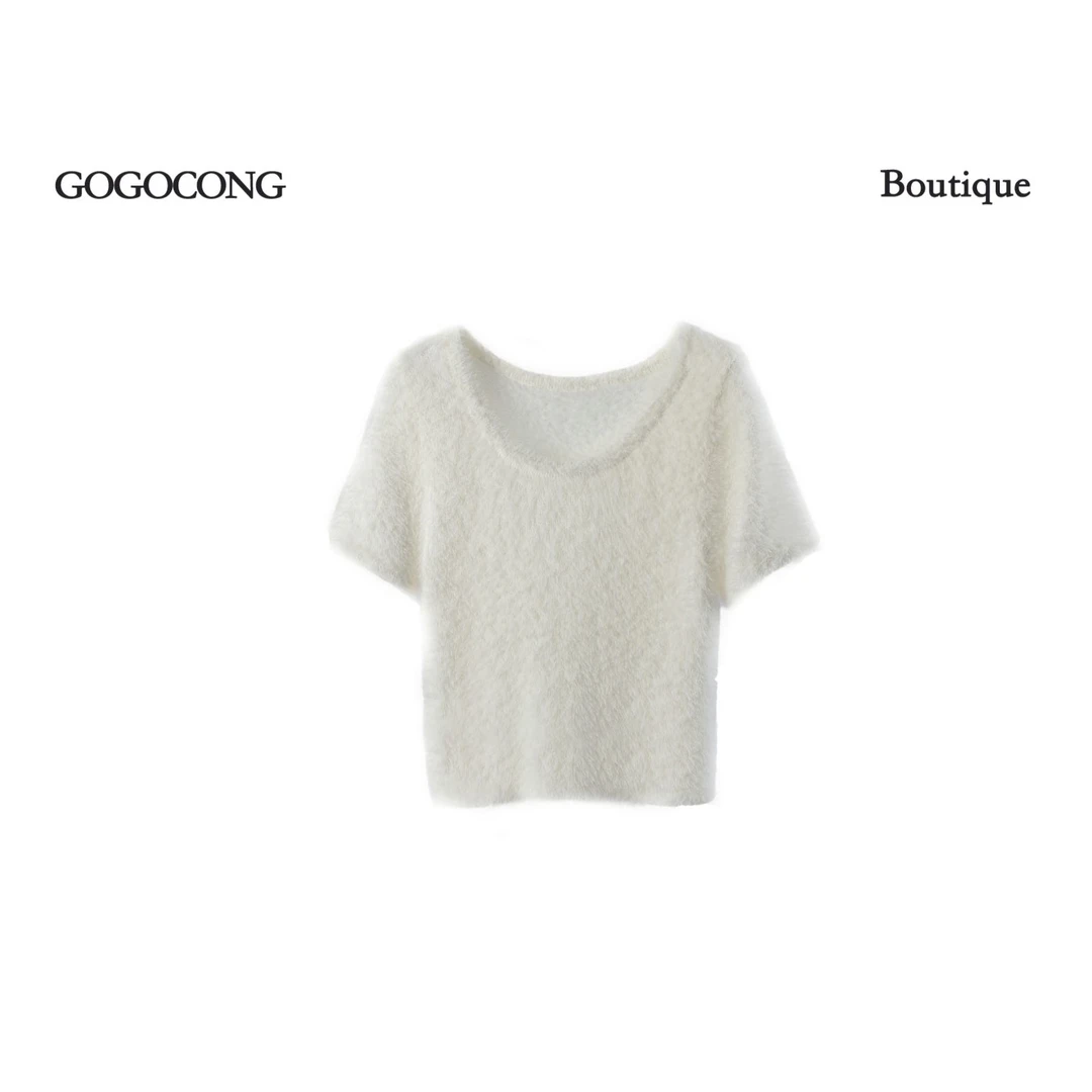 气质秋冬纯欲百搭U领软糯绒毛短袖纯色毛织上衣