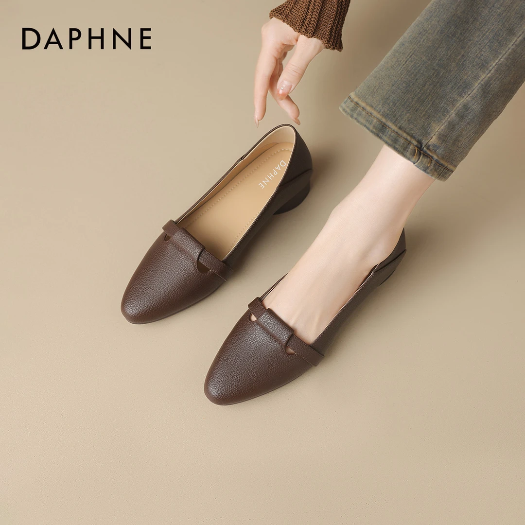 达芙妮法式单鞋女真皮低跟女鞋2025新款浅口尖头女士奶奶皮鞋春秋