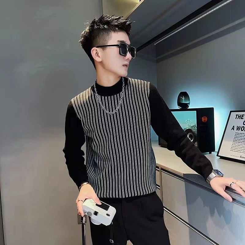 高级感条纹半高领男士毛衣2023新款秋冬痞帅爆款潮牌打底针织线衣