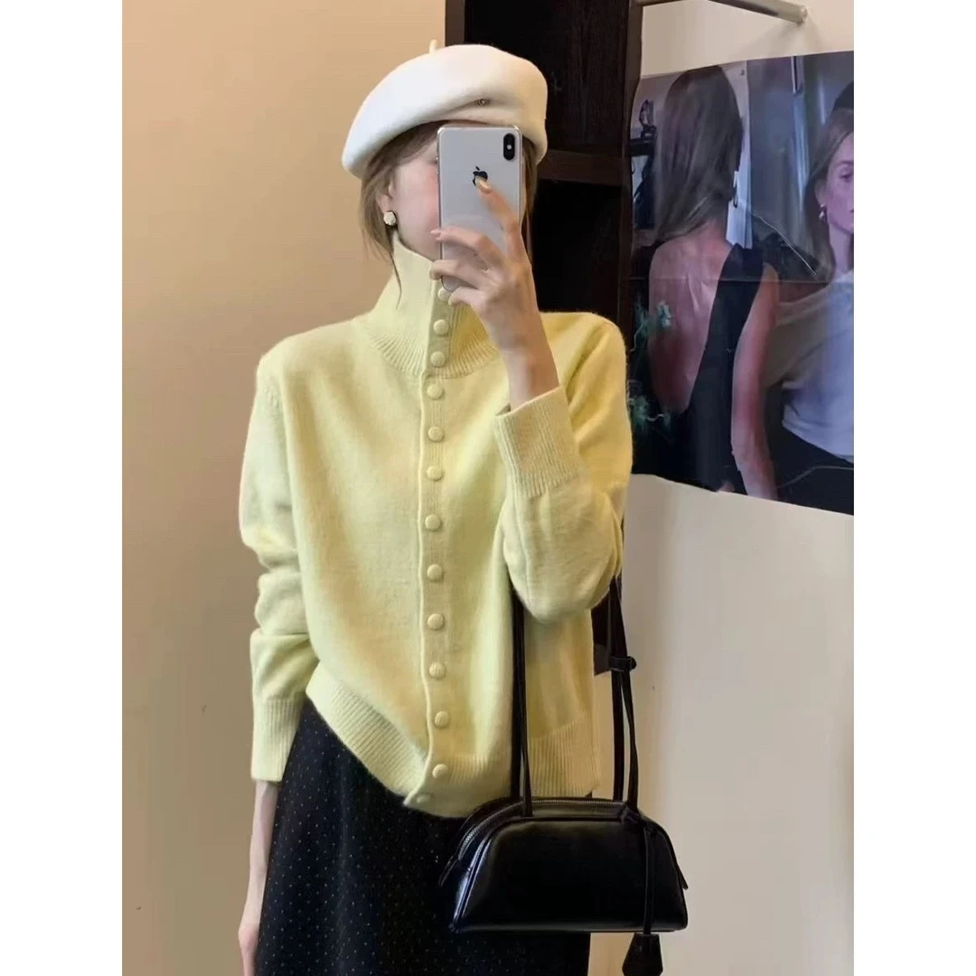 韩系立领单排扣毛衣女2024冬季新款款宽松慵懒风软糯针织开衫上衣