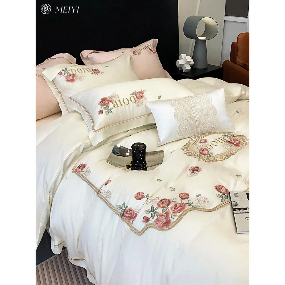 浪漫贡缎100S长绒棉四件套全棉纯棉被套床单花卉刺绣少女床上用品