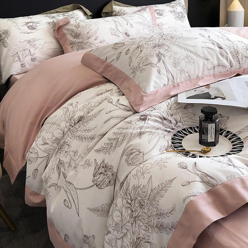 高档美式四件套全棉100支长绒棉田园风印花被套被罩床上用品简约