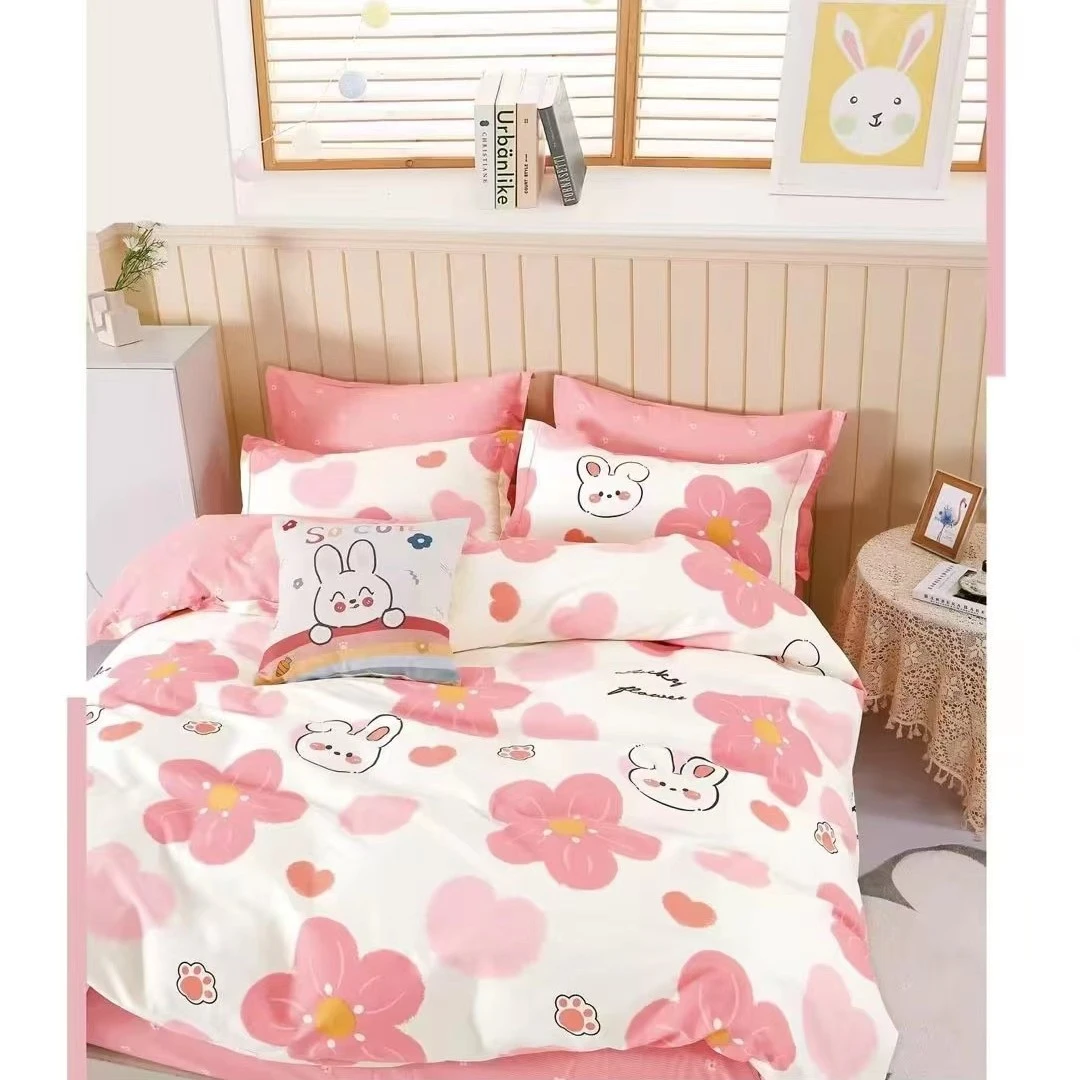 清沐家纺纯棉定制-纯棉高支高密斜纹面料-花间兔(粉)-AB版