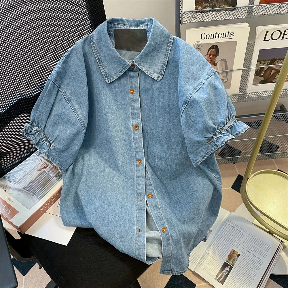 300斤特大码女装夏季新款衬衫遮肉显瘦个性时尚气质百搭牛仔上衣