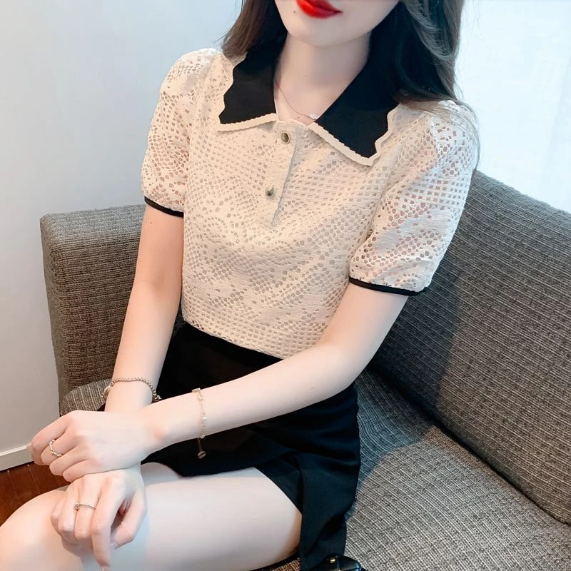 修身蕾丝衫女夏季新款短袖正肩上衣独特别致时尚衬衫小衫上衣女