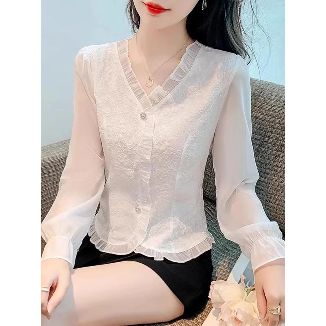 长袖雪纺衬衫2024年女装春秋装新款独特洋气别致小衫漂亮早春上衣