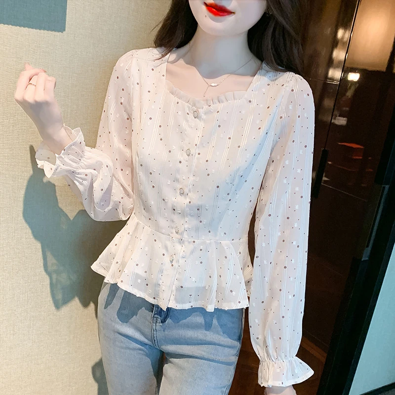 波点长袖雪纺衬衫女春秋装新款小个子显瘦收腰短款小衫法式上衣