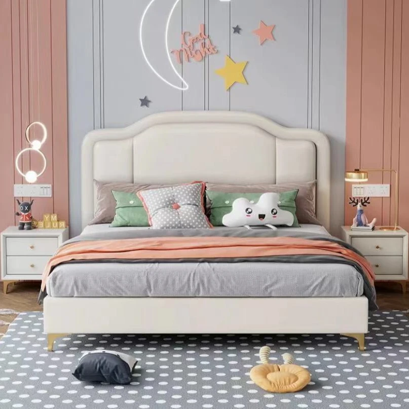 明美娜147#真皮儿童床女孩公主床粉色1.35米单人1.5米皮床童床