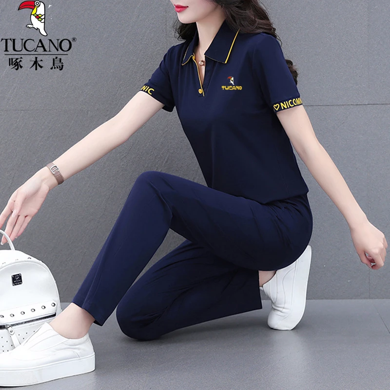 啄木鸟冰丝休闲运动套装2023年夏季新款时尚长裤大码显瘦两件套女