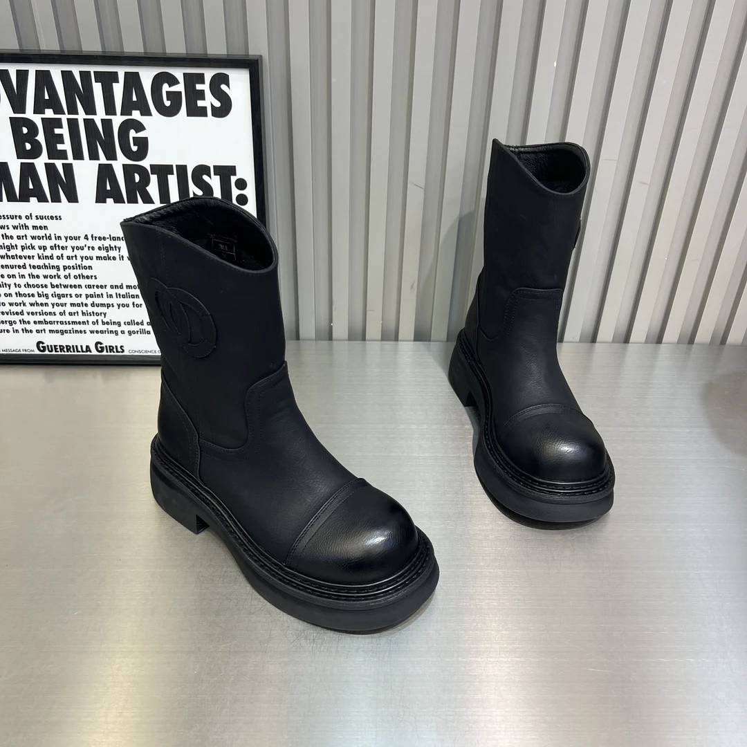 女士秋季新款时装靴厚底英伦风百搭时尚圆头复古真皮休闲高订女鞋