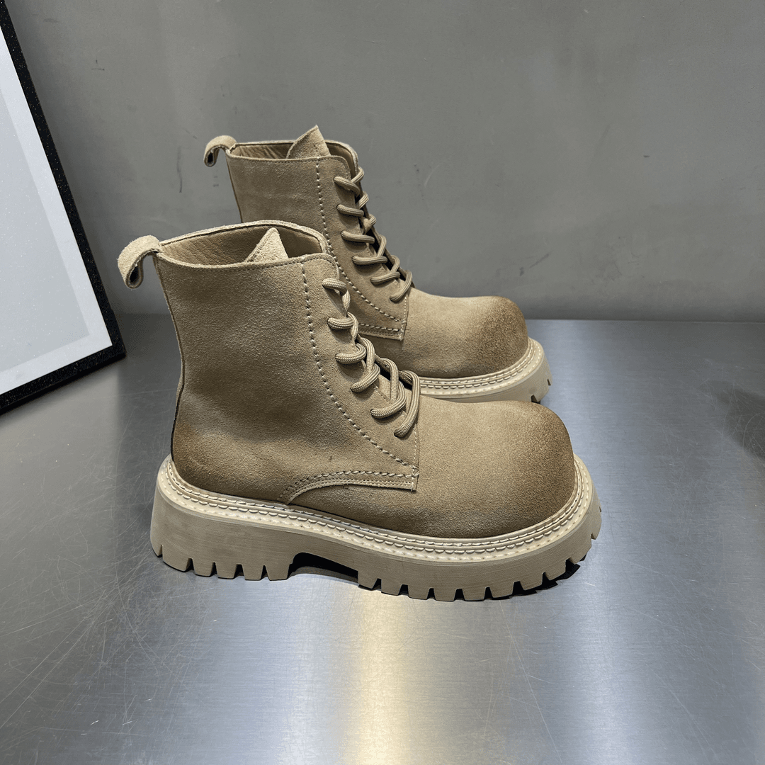 女士夏秋新款英伦风靴子时尚休闲复古真皮百搭潮流厚底圆头款女鞋