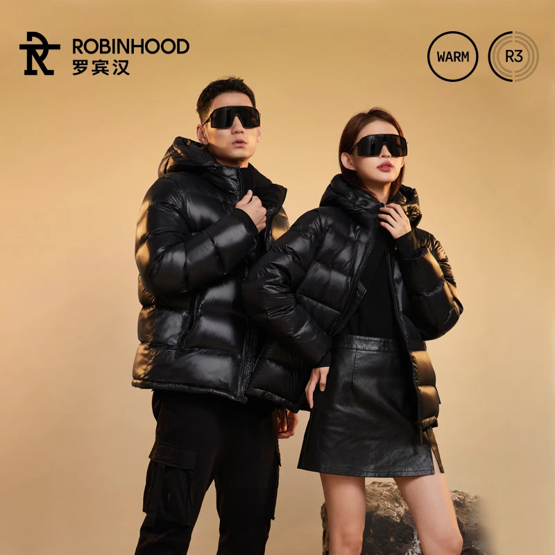 【ROBINHOOD/罗宾汉】简约高感黑色金标男女保暖短款羽绒服情侣款