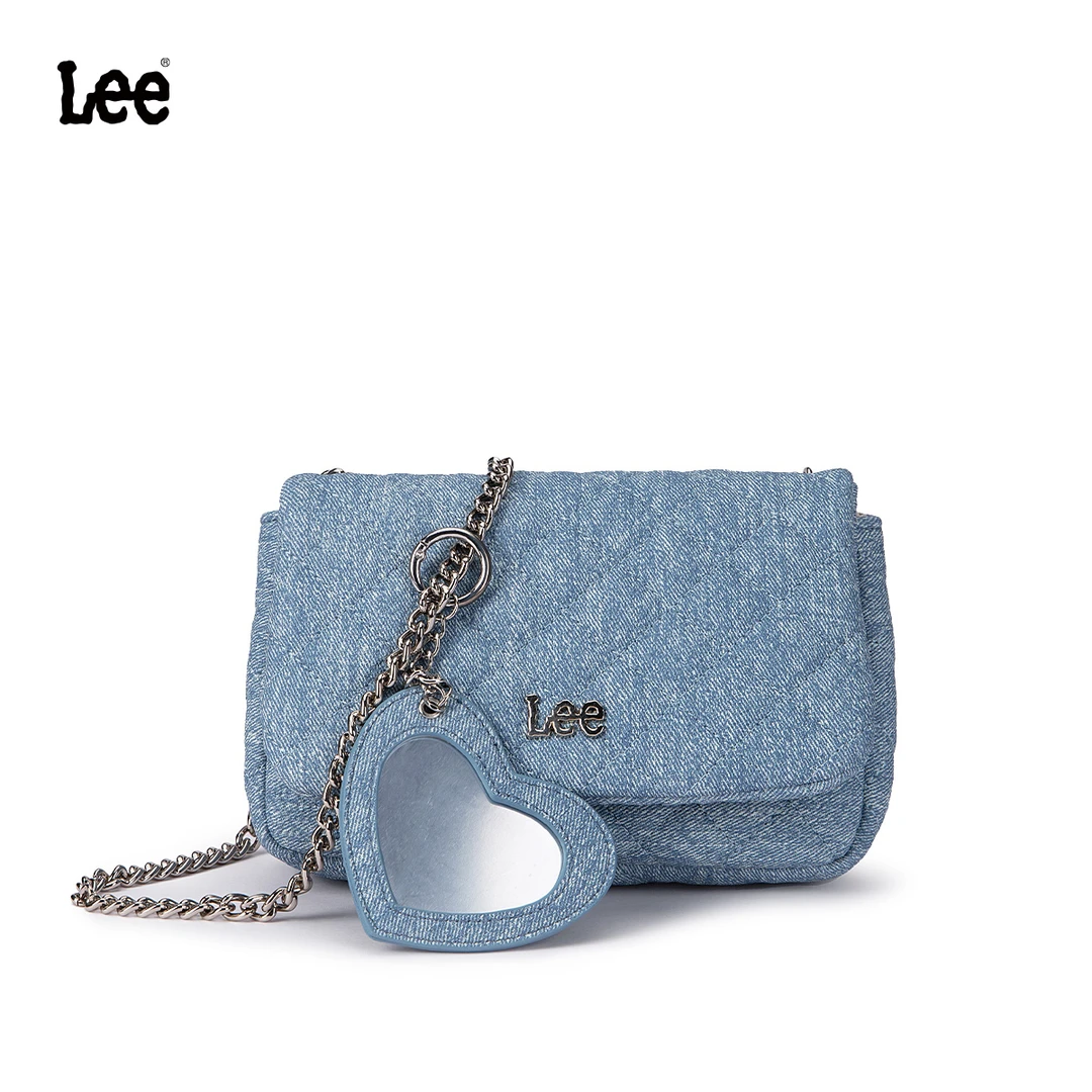 Lee黑银菱形格链条包百搭复古休闲时尚带小化妆镜小香风蓝色