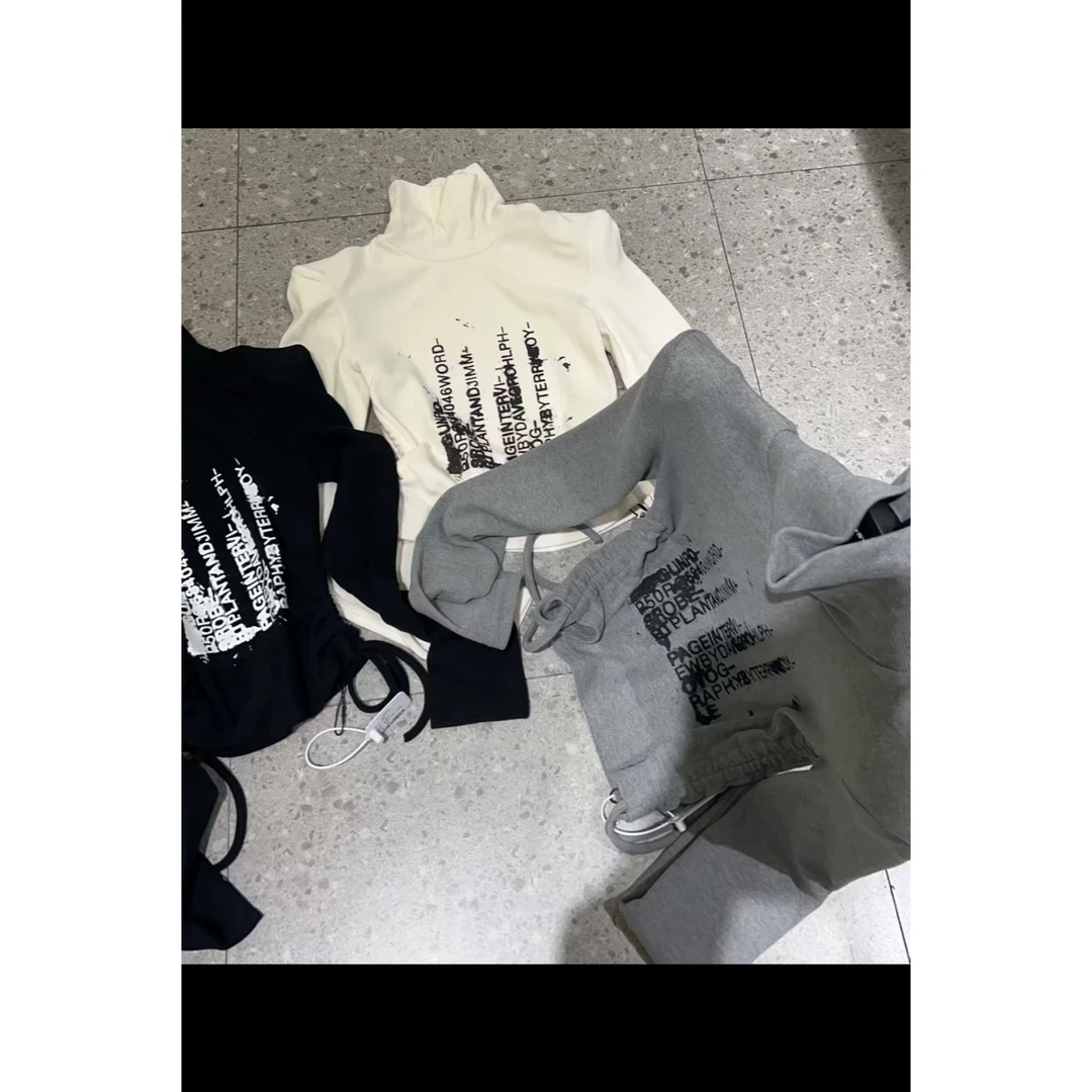 高领加绒字母印花长袖褶皱抽绳修身打底衫