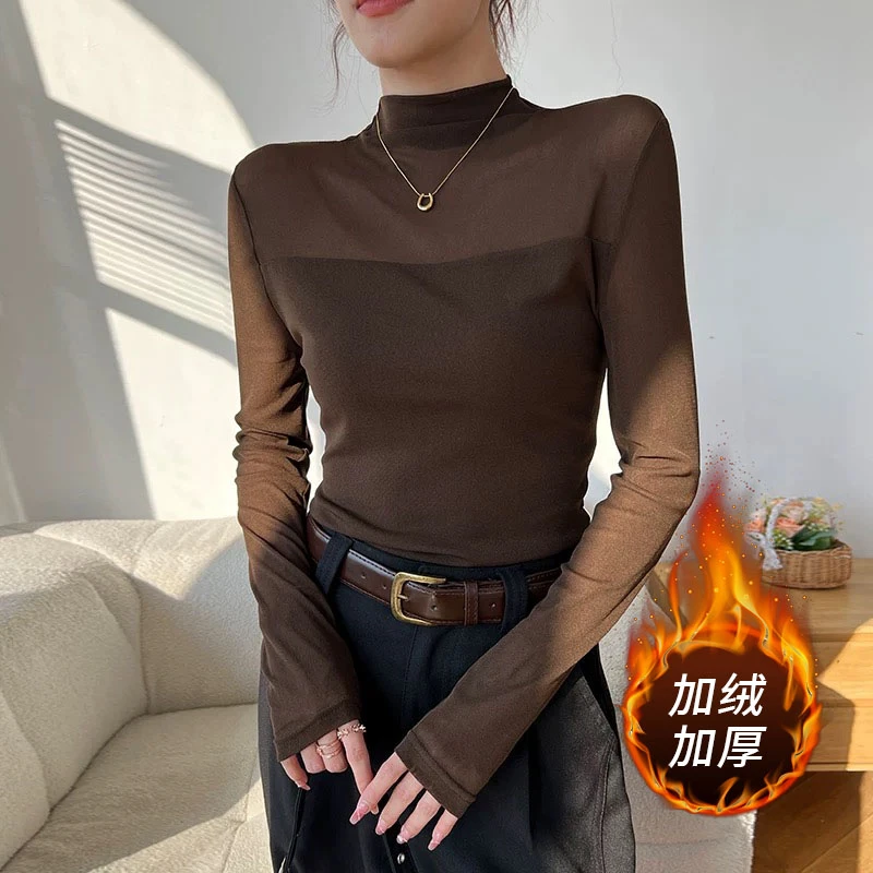 【加绒/网纱打底衫】女秋冬新款显瘦气质长袖T恤内搭半高领上衣 ZLM