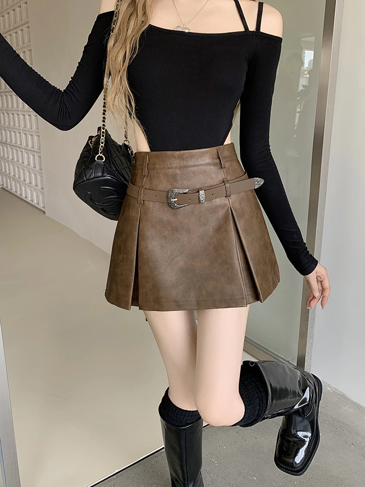 美式复古辣妹皮裙半身裙女秋季2023新款高腰显瘦设计感包臀A字裙