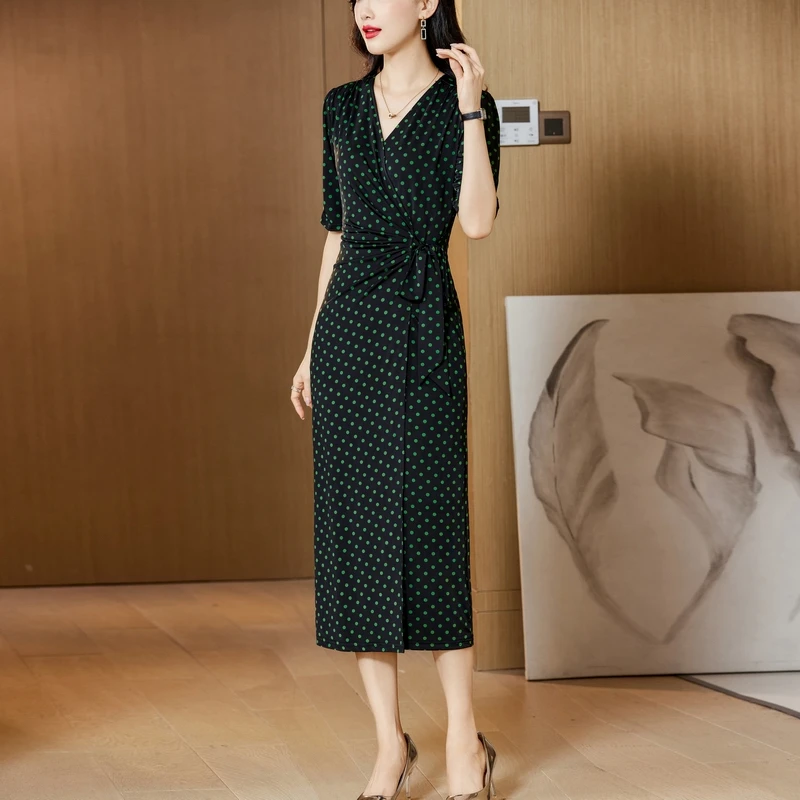 高端定制印花V领连衣裙时尚气质优雅蝴蝶花中长裙