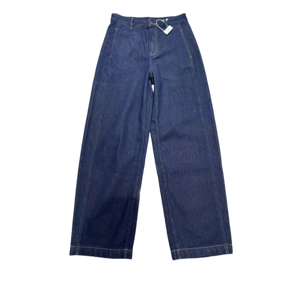 24年冬季丹宁色薄绒直筒裤镰刀裤 复古高腰抓毛宽松阔腿长裤女