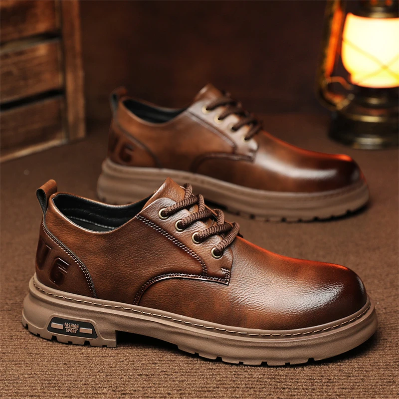 皮鞋男款春季复古棕色马丁靴男士低帮英伦风商务休闲厚底工装皮鞋
