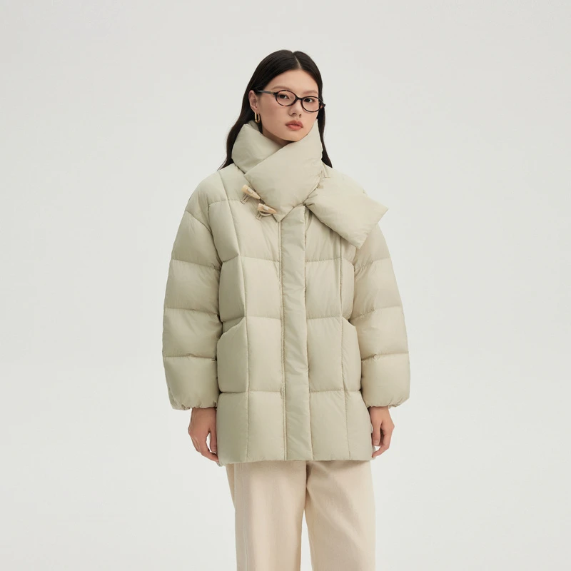 艾莱依牛角扣围巾领羽绒服时尚百搭简约休闲短款保暖大衣外套3057