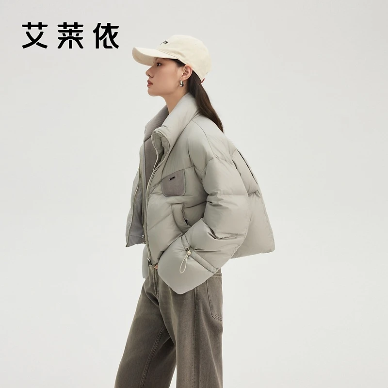 艾莱依假两件拼接短装羽绒服女2024冬季新款时尚简约立领外套4085