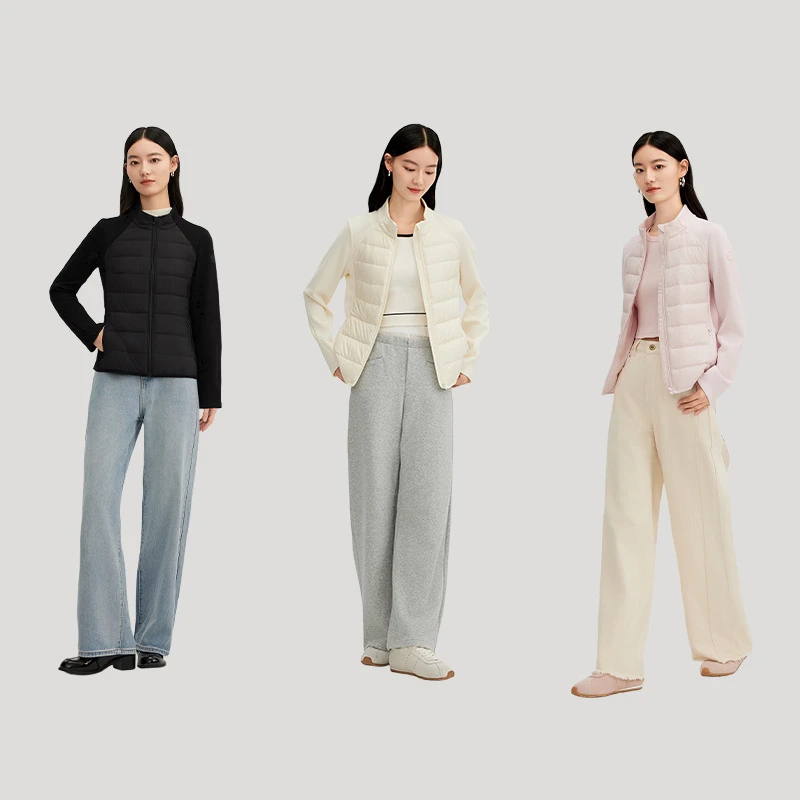 艾莱依拼接针织短款立领羽绒服2024新款冬季时尚百搭休闲外套7086