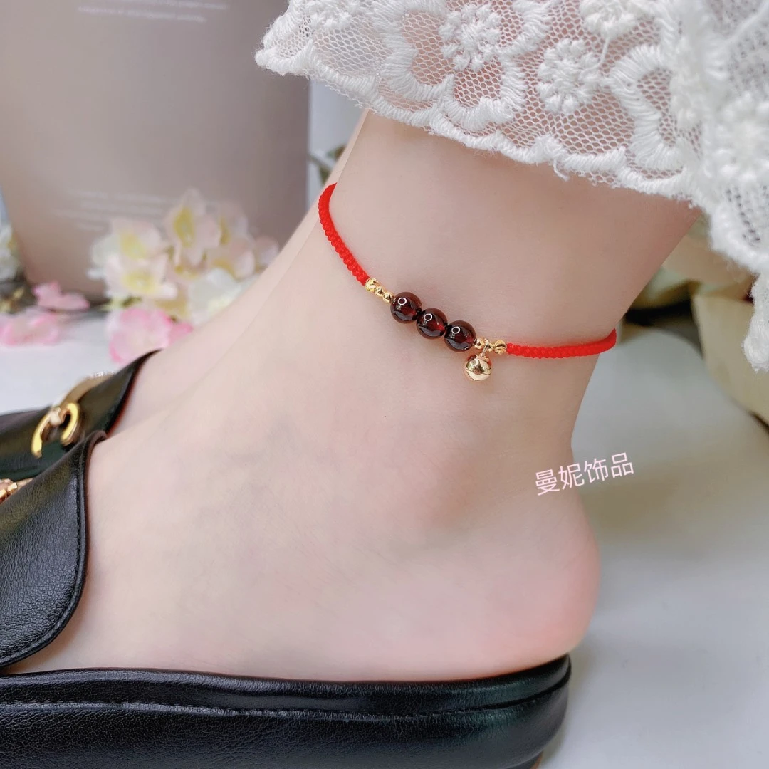 时尚百搭红绳手工编织本命年三生三世石榴珠脚链