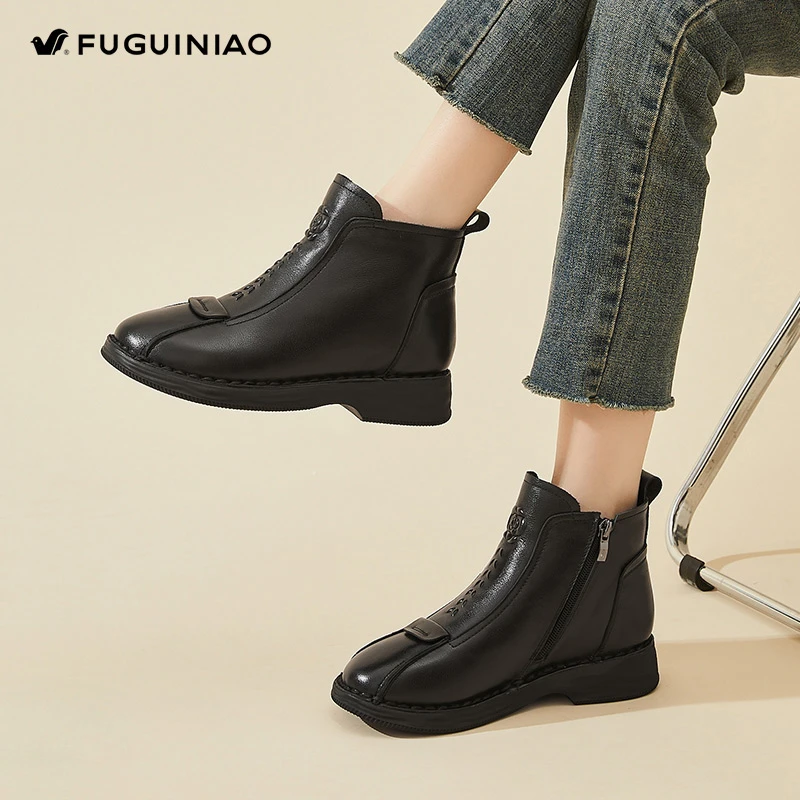 富贵鸟真皮马丁靴女2025新款冬季厚底加绒短筒靴中老年保暖高帮鞋