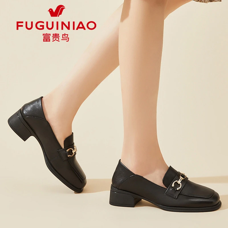 富贵鸟真皮乐福鞋女2025新款春秋一脚蹬粗跟单鞋英伦风中跟小皮鞋