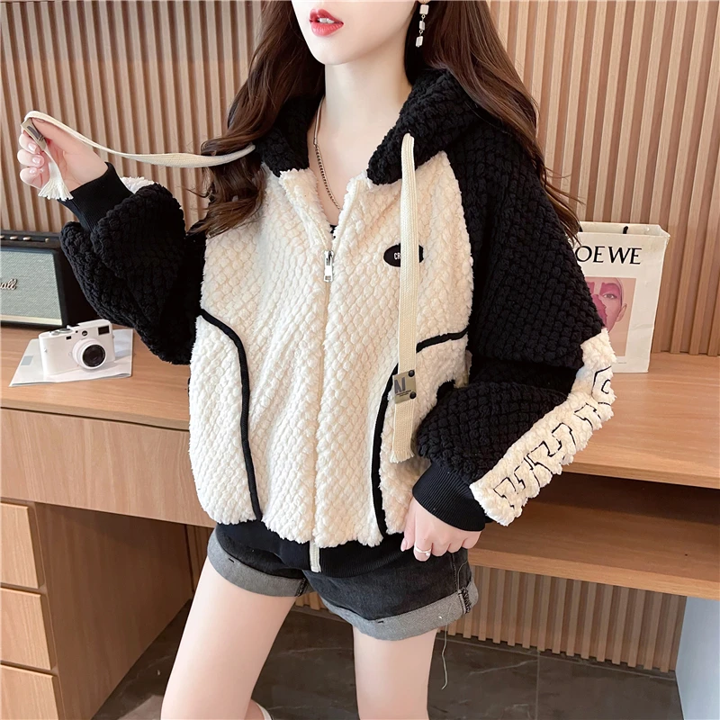 秋冬季6701双面米粒绒羊羔绒拼色连帽外套米粒绒复合大卫衣潮女