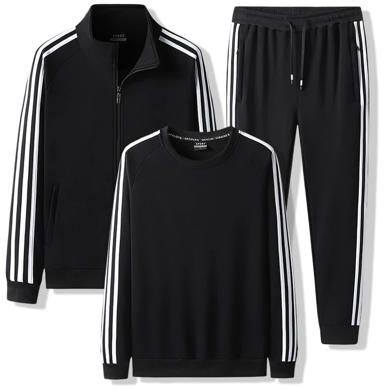 三条杠春秋冬季纯棉卫衣休闲运动服套装男跑步加绒加厚加肥加大码