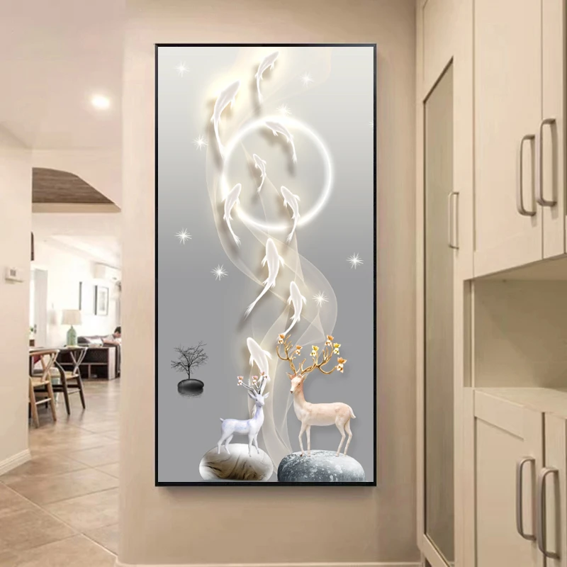 【九鱼麋鹿】客厅墙壁壁画用品晶瓷正版镶钻挂画装饰画玄关装饰画