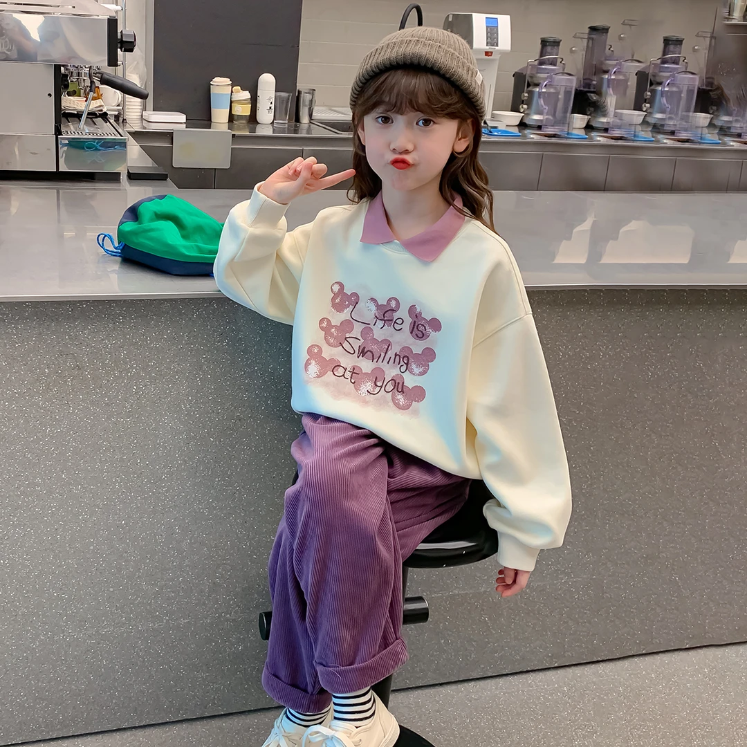 女童2025春秋季新款时尚洋气百搭小熊印花假两件套头卫衣Q12631